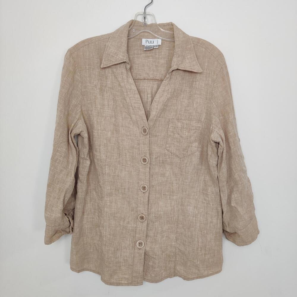 Puli 100% Linen Neutral Button Down Shirt Size Large Bohemian Linen Quiet Luxury